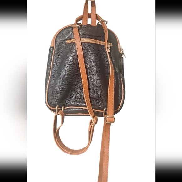VALENTINA Leather Sling Triple Compartment Bookbag In Black With Tan Trim. - Picture 3 of 16